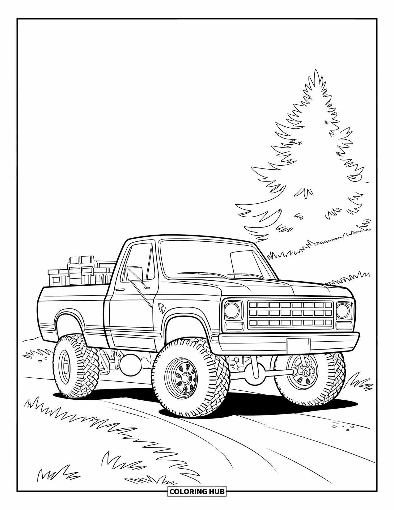 Lifted Truck Coloring Page for Kids: A lifted pickup truck with a toolbox is parked on a dirt road with a pine tree