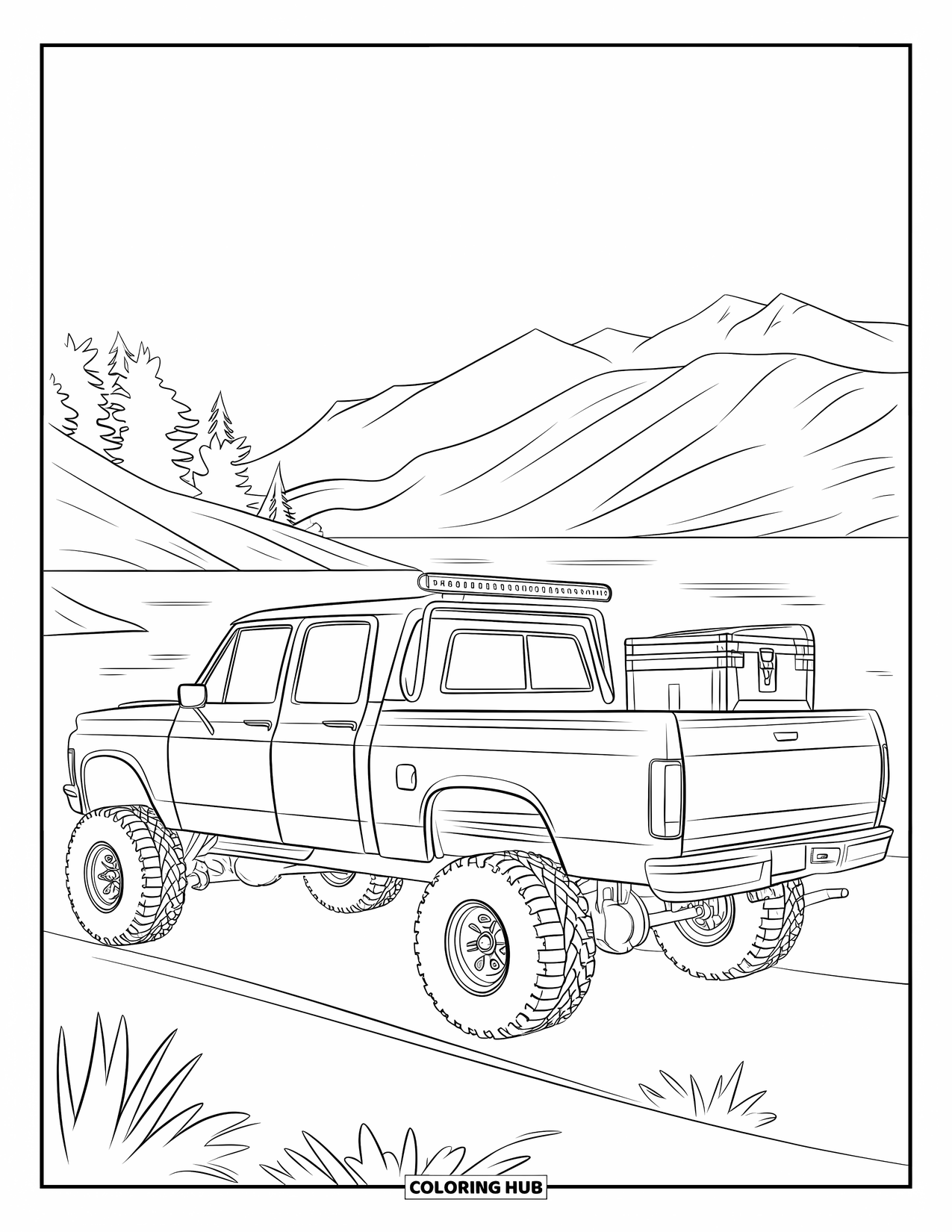 Lifted Truck Coloring Page for Kids: A lifted pickup truck with a toolbox rests in a landscape of mountains and trees