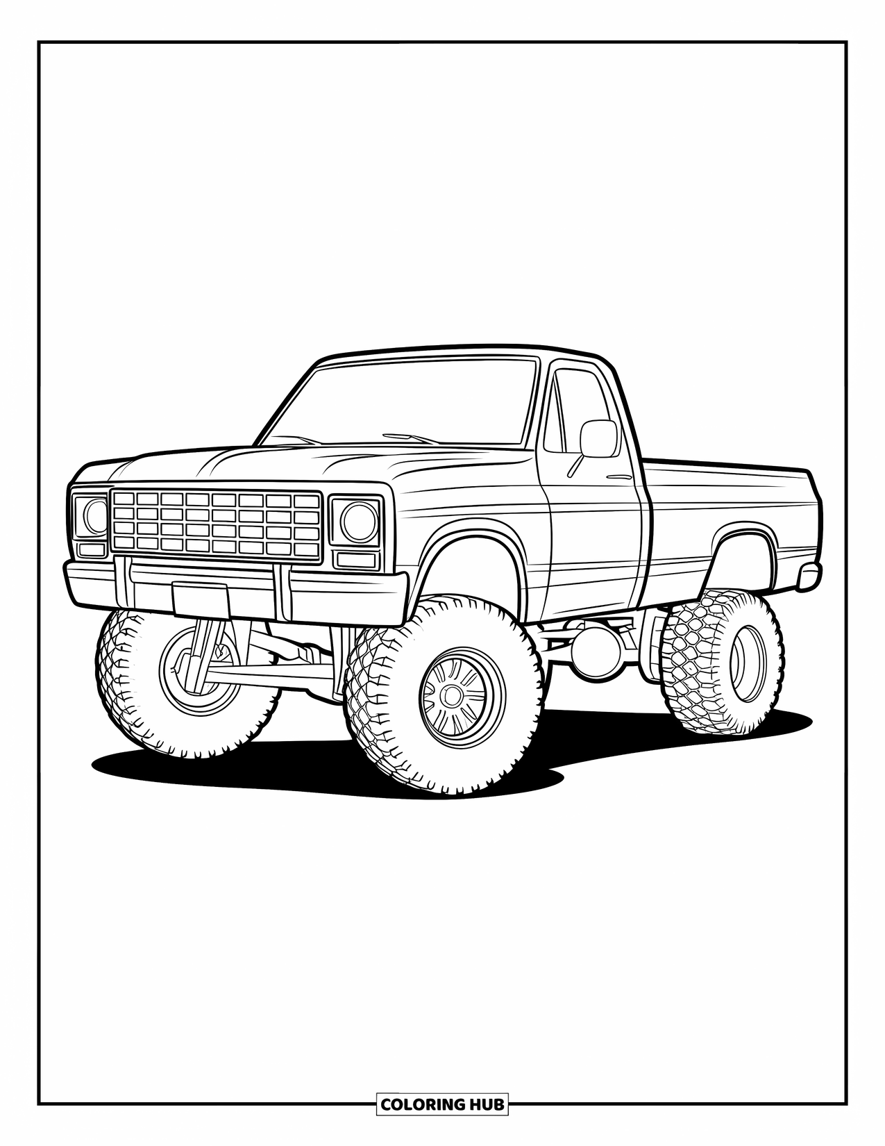 Lifted Truck Coloring Page for Kids: A lifted pickup truck with an empty bed is outlined in a bold, simple design