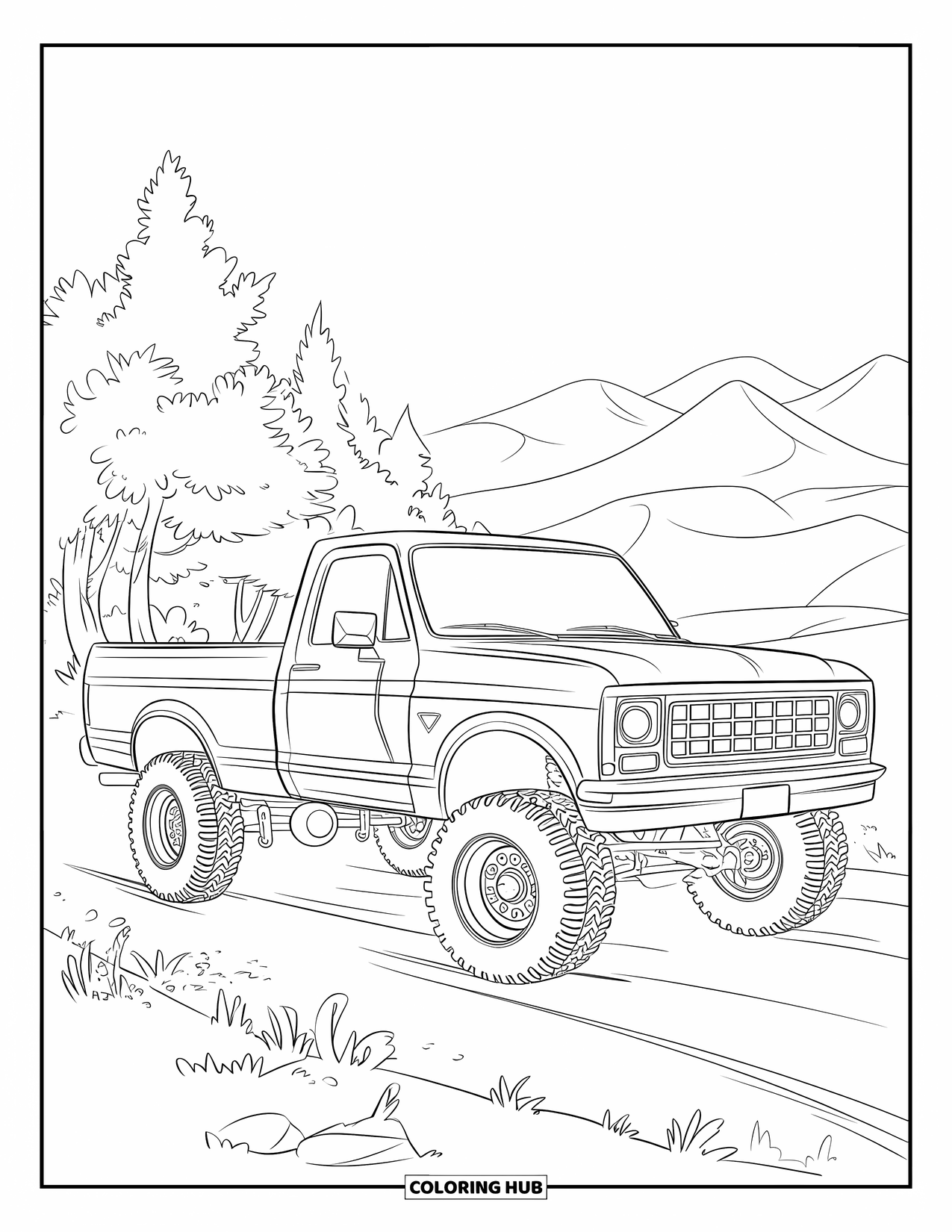 Lifted Truck Coloring Page for Kids: A lifted pickup truck with an empty bed is parked near trees and mountains