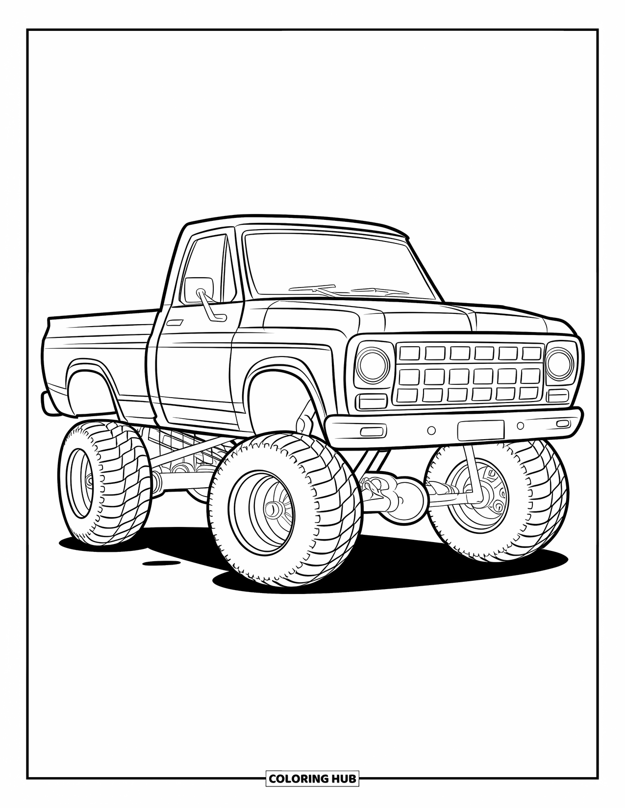 Lifted Truck Coloring Page for Kids: A lifted pickup truck with rounded shapes and big wheels has a playful vibe