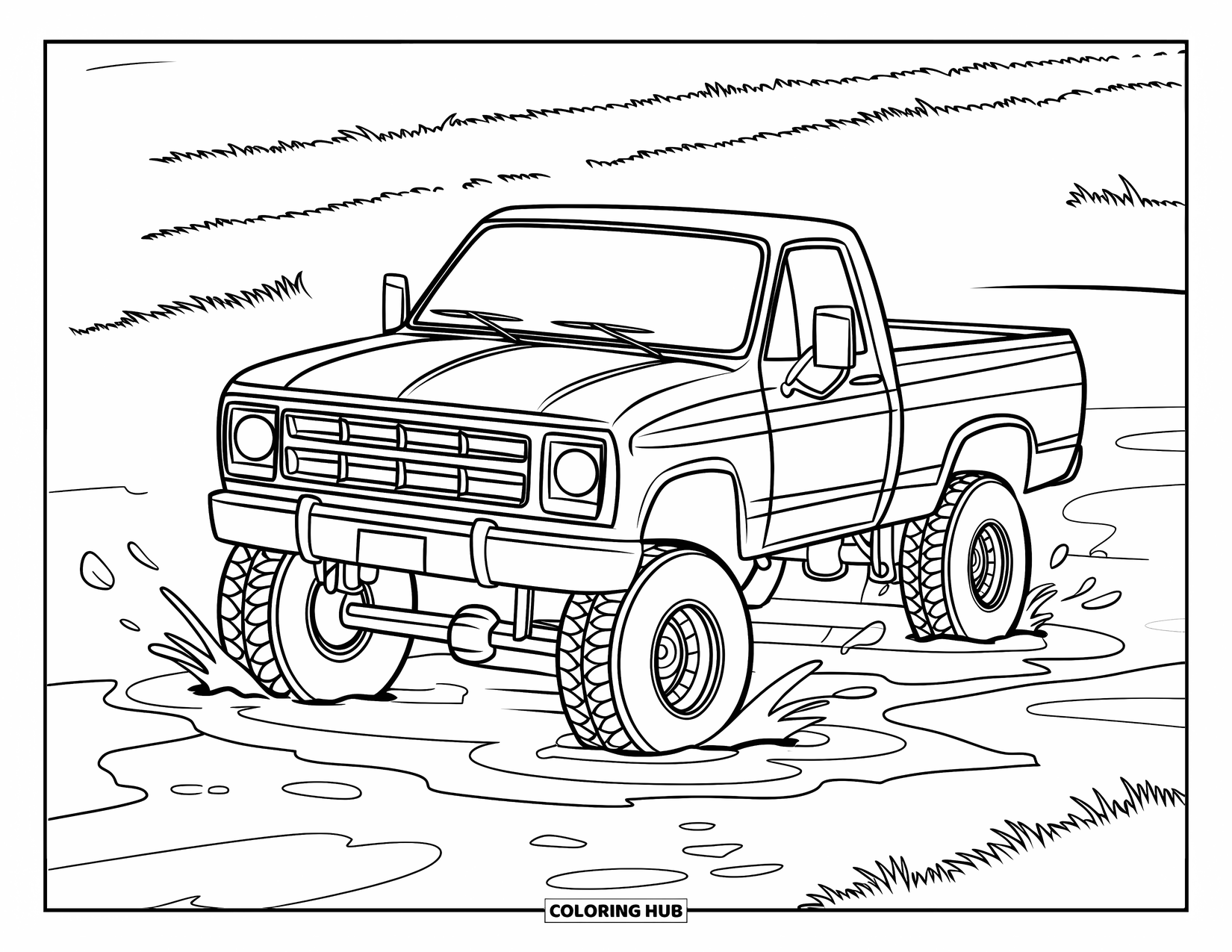 Lifted Truck Coloring Page for Kids: A lifted truck drives through a shallow puddle in a grassy field