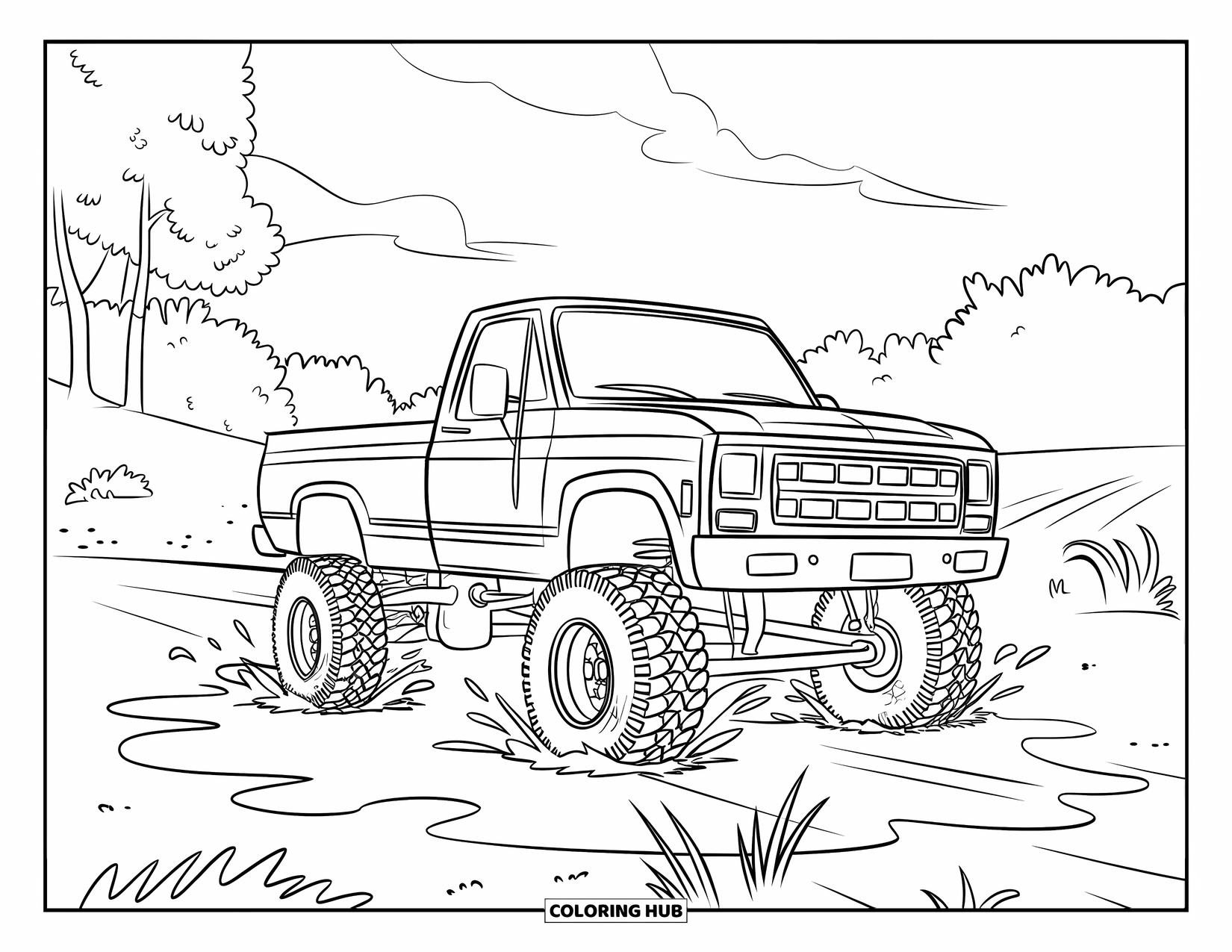 Lifted Truck Coloring Page for Kids: A lifted truck drives through a shallow puddle with splashes and trees nearby