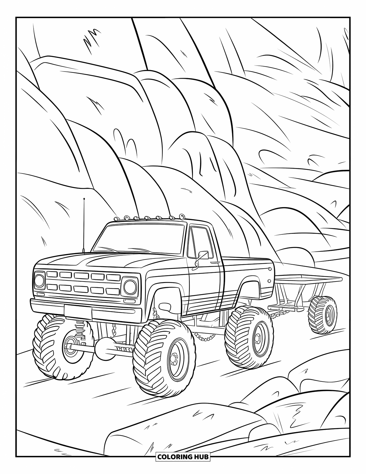Lifted Truck Coloring Page for Kids: A lifted truck pulls a small empty cart across rocky terrain