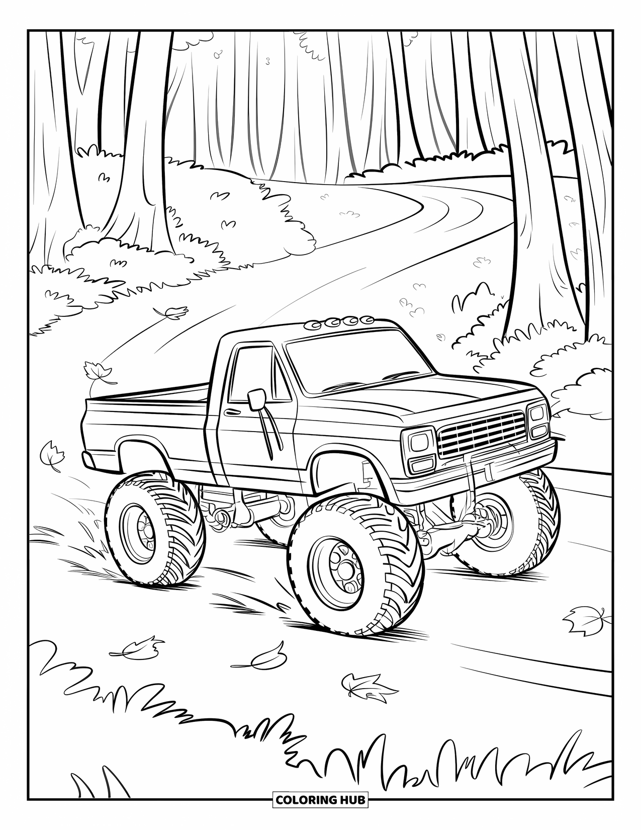 Lifted Truck Coloring Page for Kids: A lifted truck speeds through a forest trail with scattered leaves
