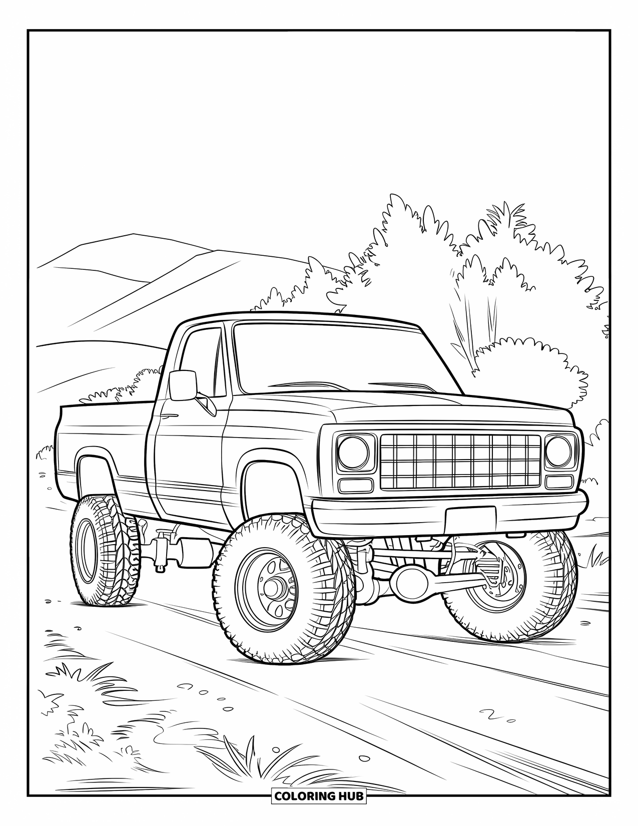 Lifted Truck Coloring Page for Kids: A lifted truck with a big bumper and flat windshield is parked on a dirt road