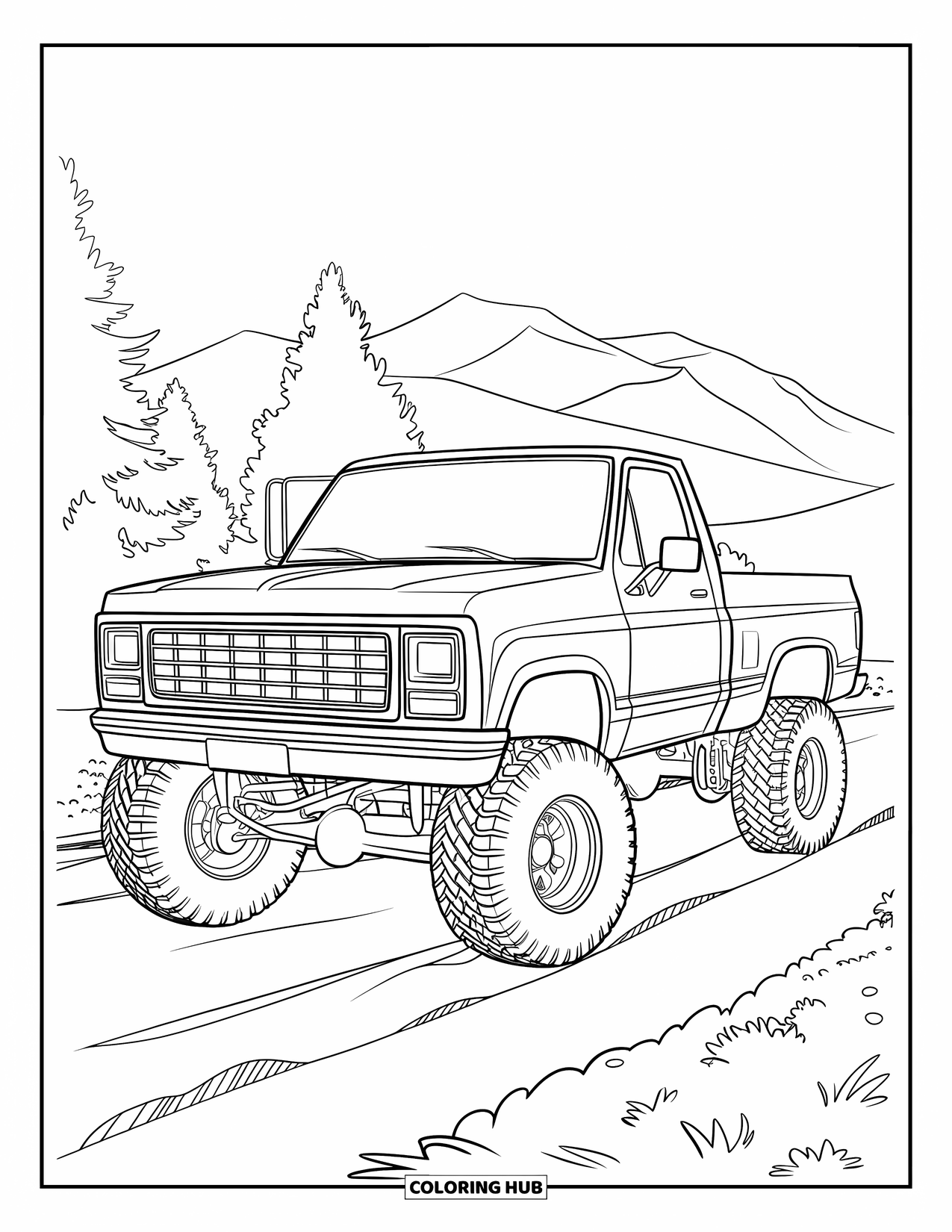 Lifted Truck Coloring Page for Kids: A lifted truck with a big bumper rests on a dirt road near trees and mountains