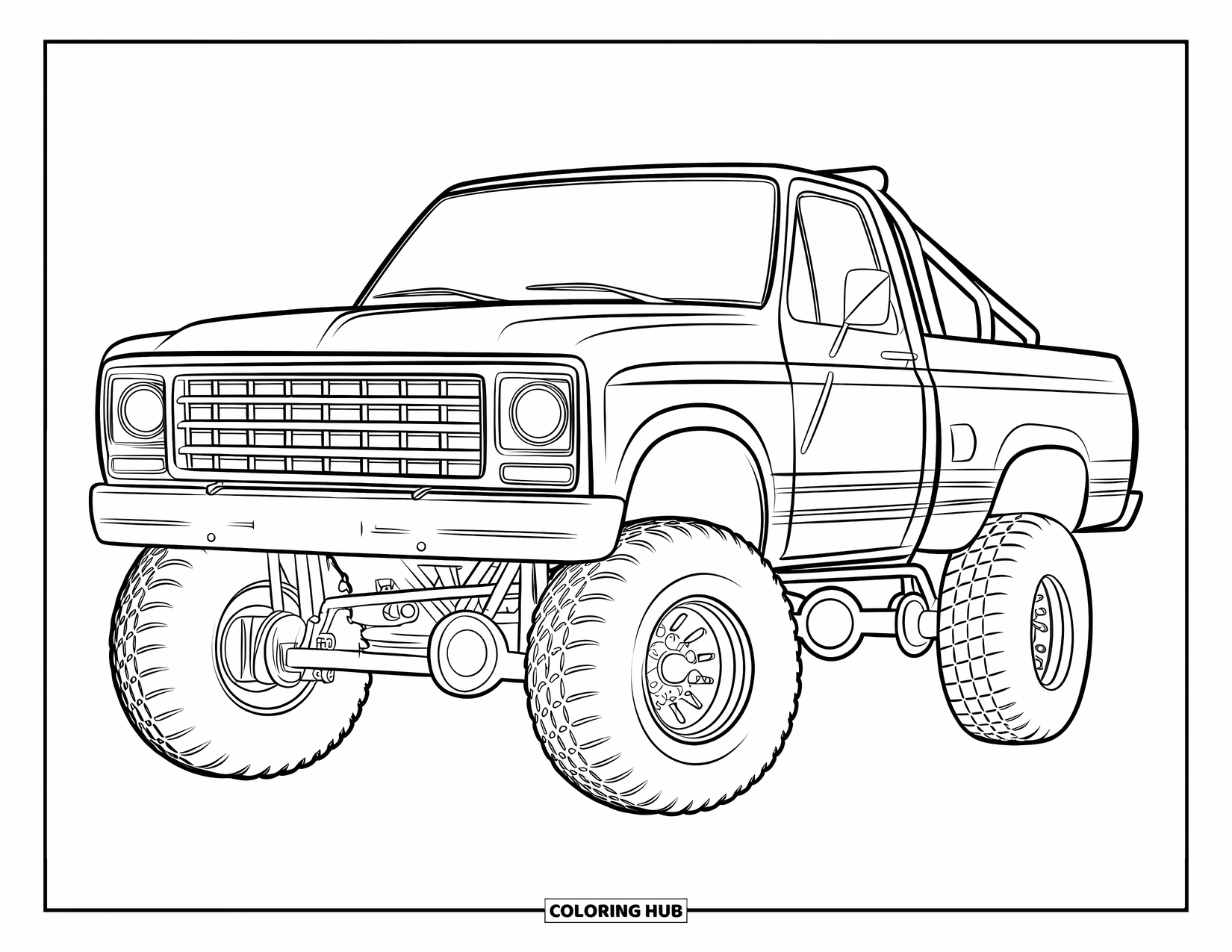 Lifted Truck Coloring Page for Kids: A lifted truck with a roll bar and round headlights is outlined in a bold design
