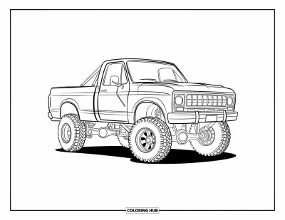 Målarbild med liftad pickup för barn: En liftad lastbil med rullbåge är parkerad på en plan yta