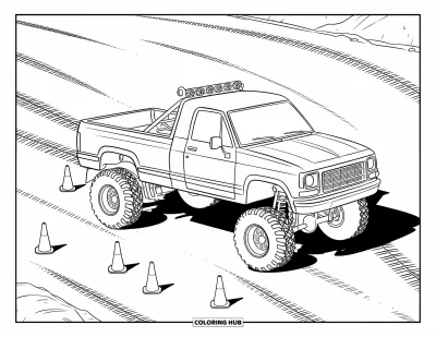 Målarbild med liftad pickup för barn: En liftad lastbil med bur är parkerad nära koner på en grustig