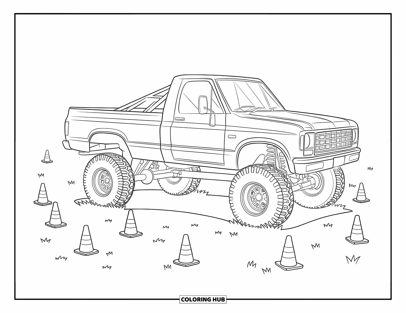 Lifted Truck Coloring Page for Kids: A lifted truck with a roll cage is parked near cones on an obstacle course