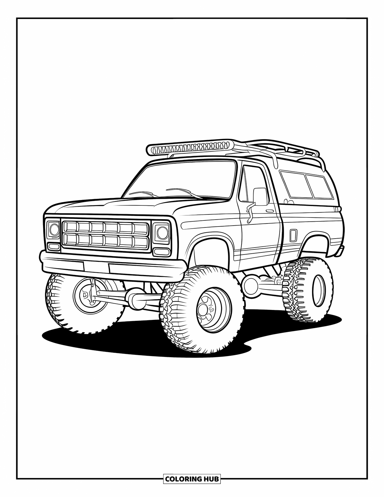 Lifted Truck Coloring Page for Kids: A lifted truck with a roof rack and big tires is outlined in a bold design