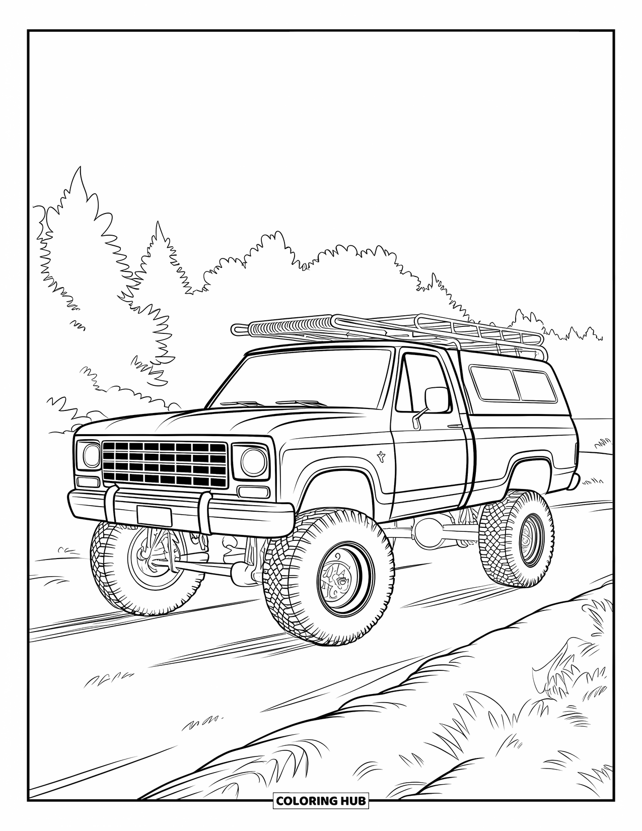 Lifted Truck Coloring Page for Kids: A lifted truck with a roof rack and large tires is parked on a dirt road