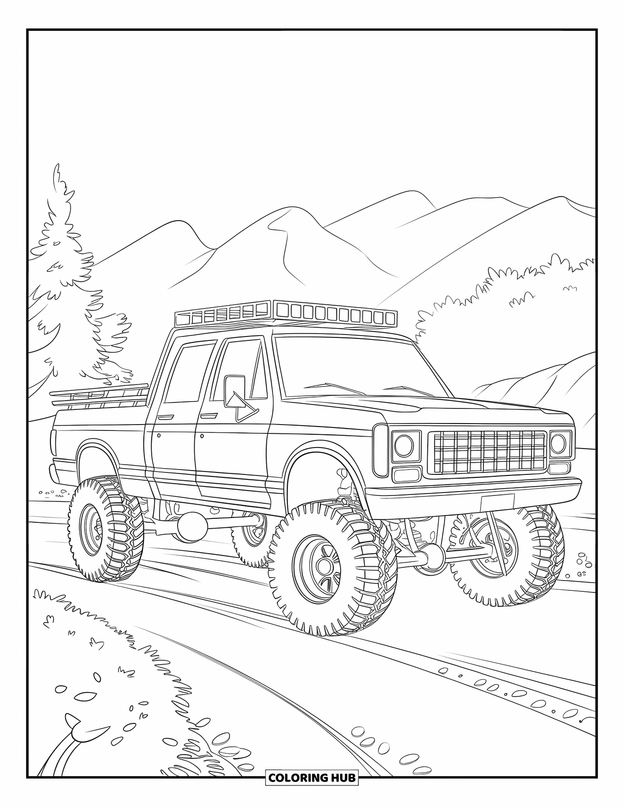 Lifted Truck Coloring Page for Kids: A lifted truck with a roof rack stands on a dirt road near trees and mountains