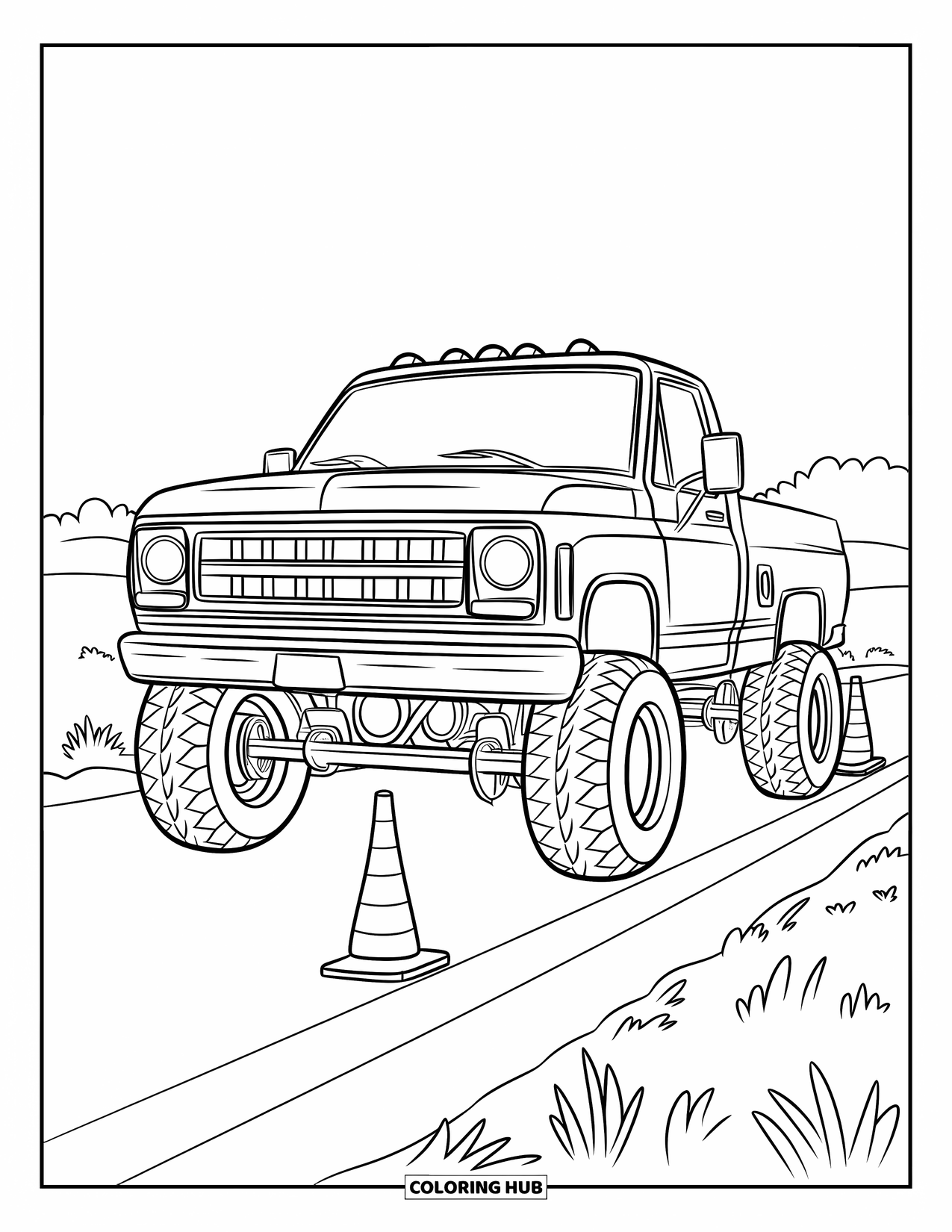 Lifted Truck Coloring Page for Kids: A lifted truck with a small bumper drives past cones on a road