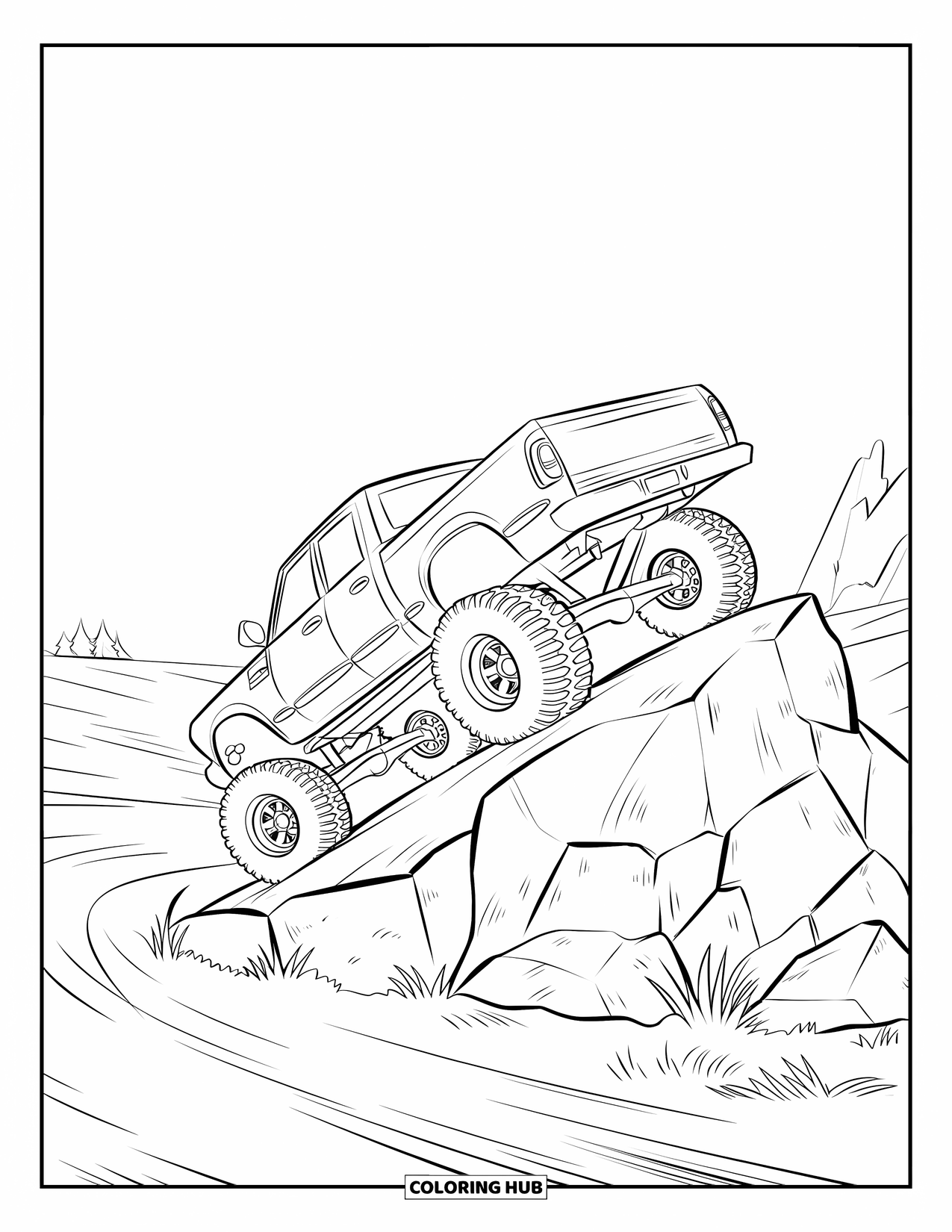 Lifted Truck Coloring Page for Kids: A lifted truck with a spare tire climbs a rocky hill in open terrain