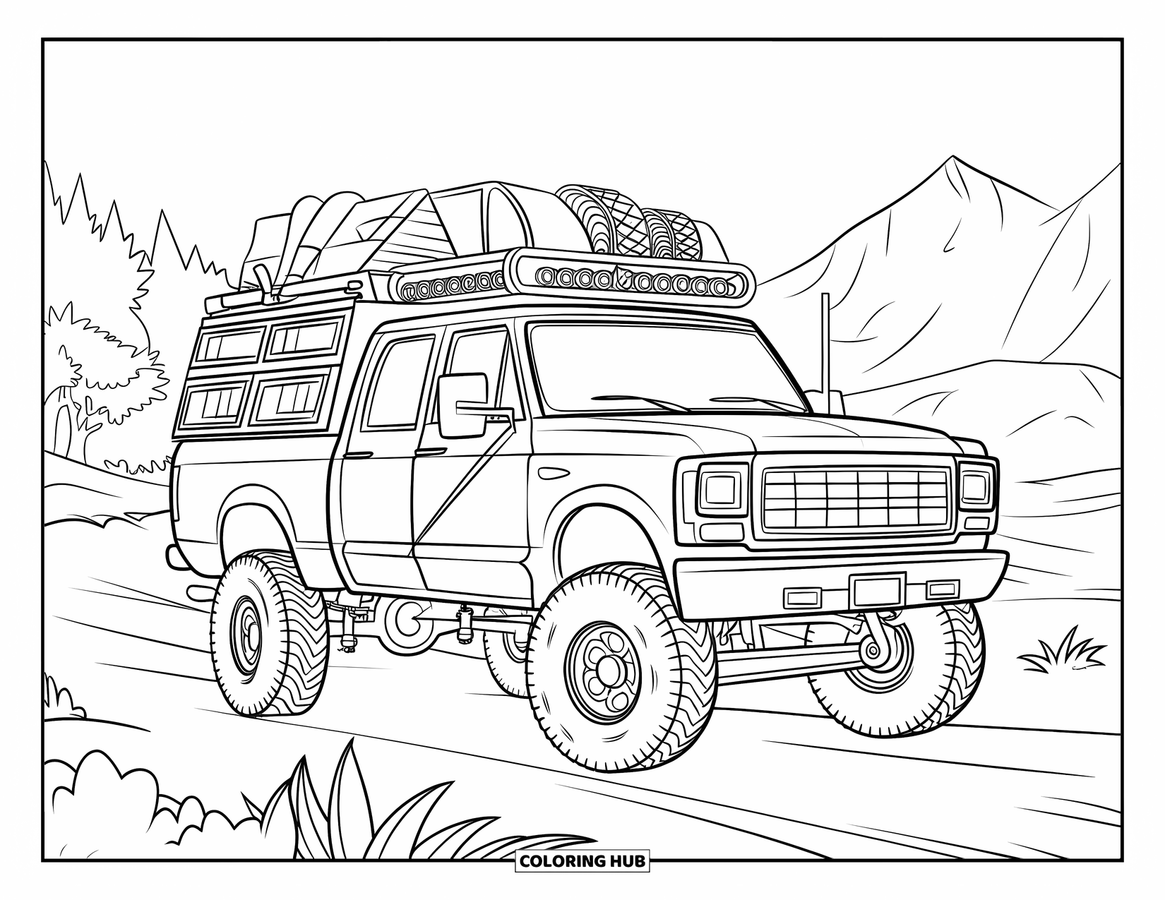 Lifted Truck Coloring Page for Kids: A lifted truck with camping gear is parked on a dirt road by mountains