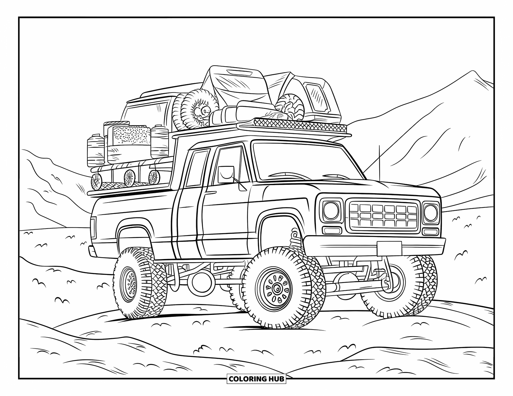 Lifted Truck Coloring Page for Kids: A lifted truck with camping gear rests on rocky terrain with mountains behind