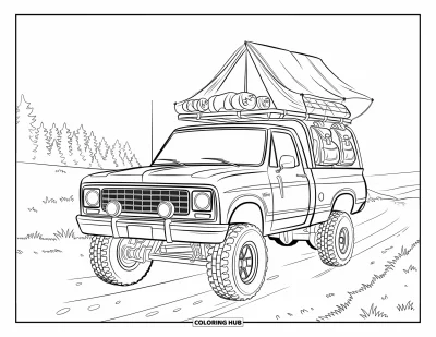 Målarbild med liftad pickup för barn: En liftad lastbil med campingutrustning sitter på en grusväg mot en skog