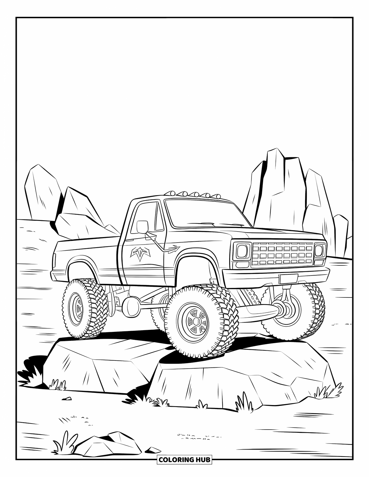 Lifted Truck Coloring Page for Kids: A lifted truck with flared fenders climbs over a rock in barren terrain