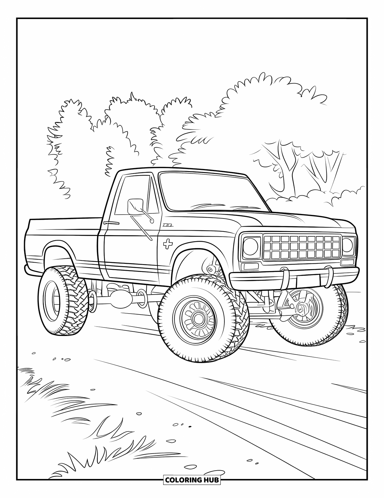 Lifted Truck Coloring Page for Kids: A lifted truck with flared fenders is parked on a dirt road with trees