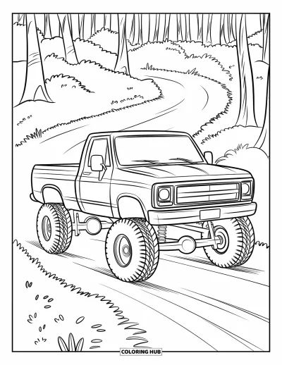 Målarbild med liftad pickup för barn: En liftad lastbil med lång fjädring kör på en slingrande grustig i en skog