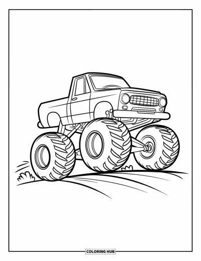 Målarbild med liftad pickup för barn: En lekfull liftad monstertruck med runda hjul kör över en liten gupp