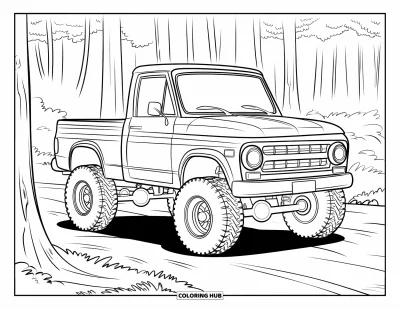 Målarbild med liftad pickup för barn: En liten liftad terrängbil med enkel hytt är parkerad i en skog