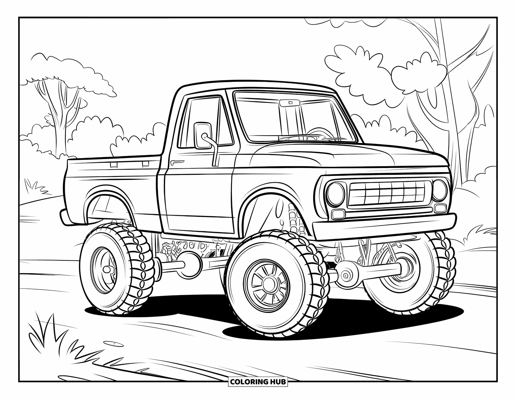 Lifted Truck Coloring Page for Kids: A small lifted off-road truck with a cab and bed is parked on a dirt road
