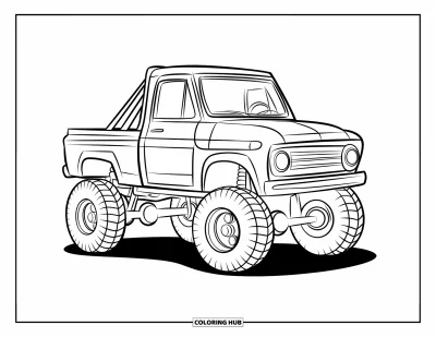 Målarbild med liftad pickup för barn: En liten liftad terrängbil med runda hjul och bur är tecknad på ett lekfullt sätt