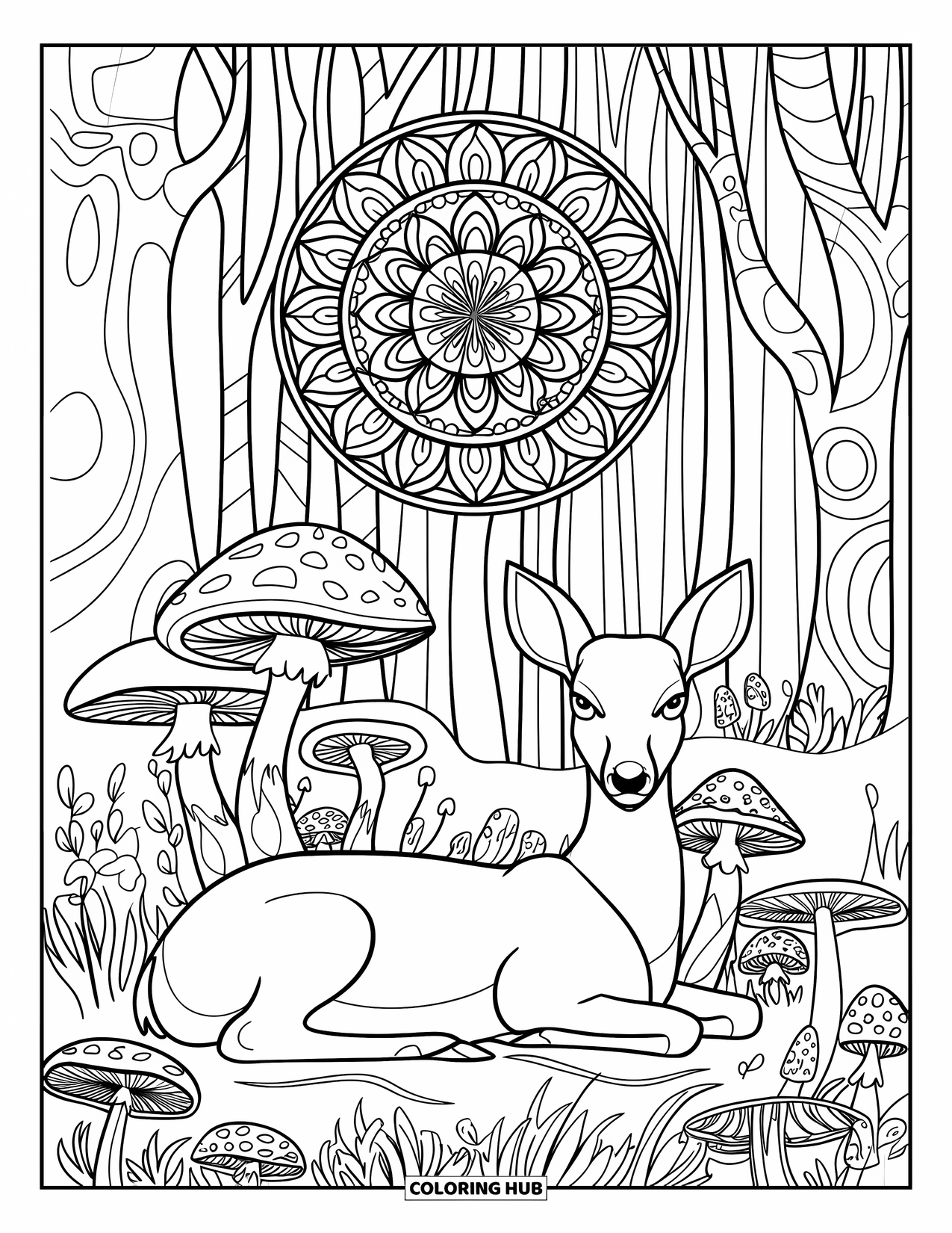 Magical Forest Coloring Page for Adults: A calm deer rests in a clearing of mushrooms and floral mandalas
