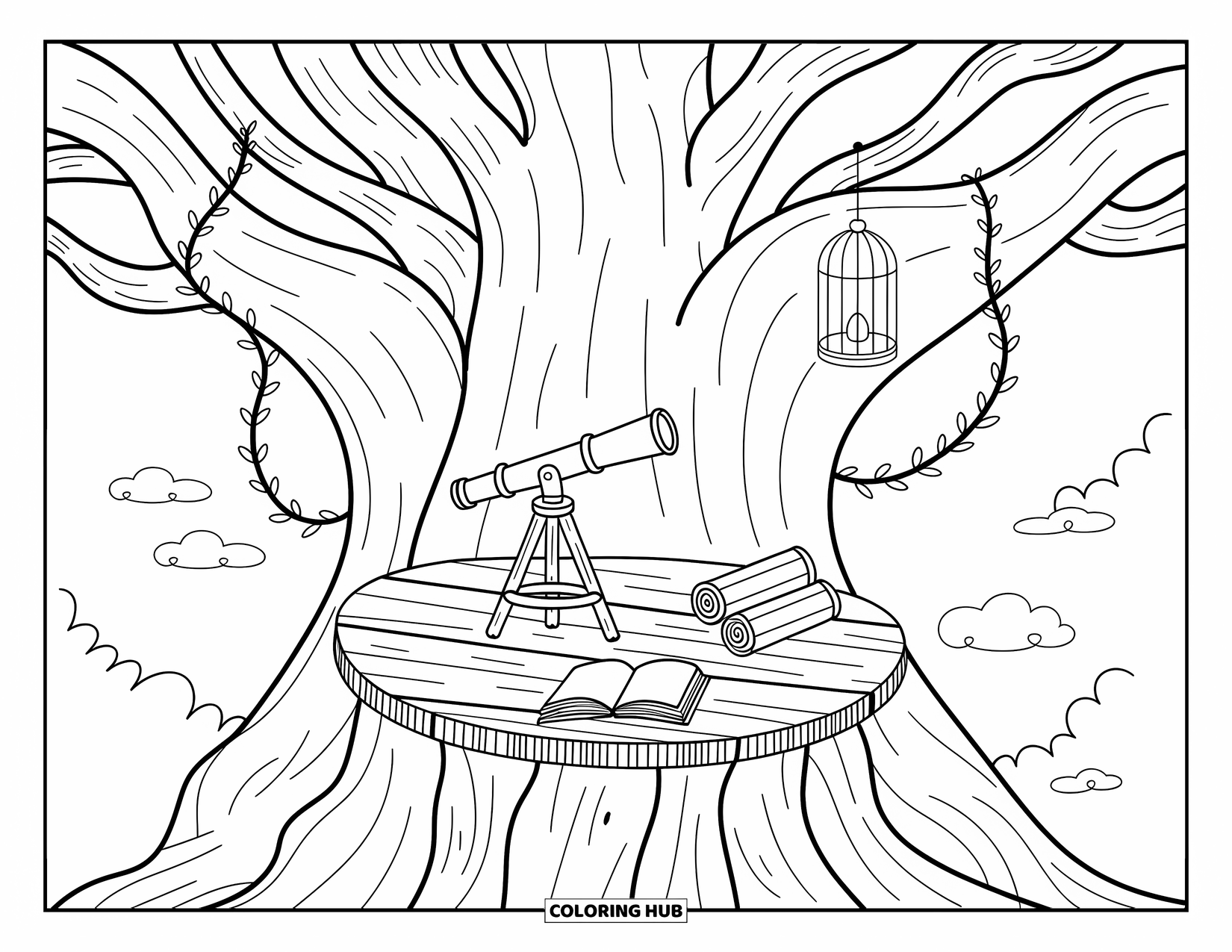 Magical Forest Coloring Page for Adults: A cozy treetop spot with telescope and hanging lantern amid fluffy clouds