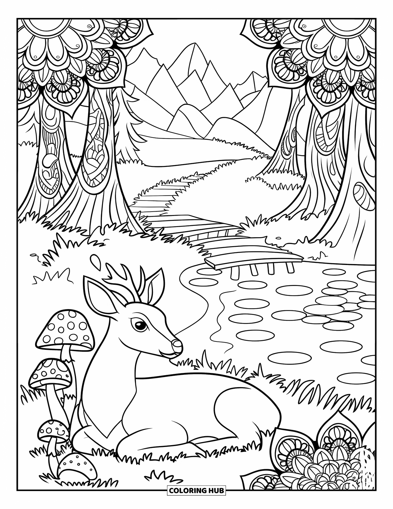 Magical Forest Coloring Page for Adults: A deer rests beside a pond and bridge in a mandala-filled forest