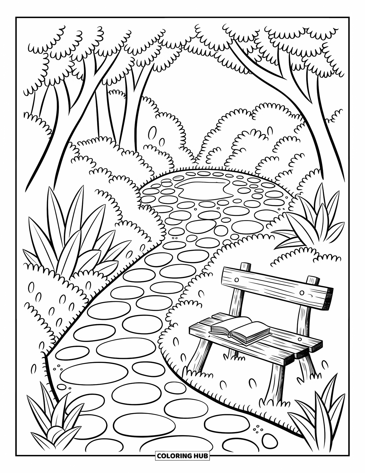 Magical Forest Coloring Page for Adults: A forest spring with lily pads, cobblestone path, and a bench with a book