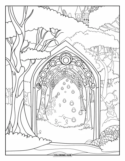 Magical Forest Coloring Page for Adults: A forest tunnel of twisted trees and stained glass with castle views