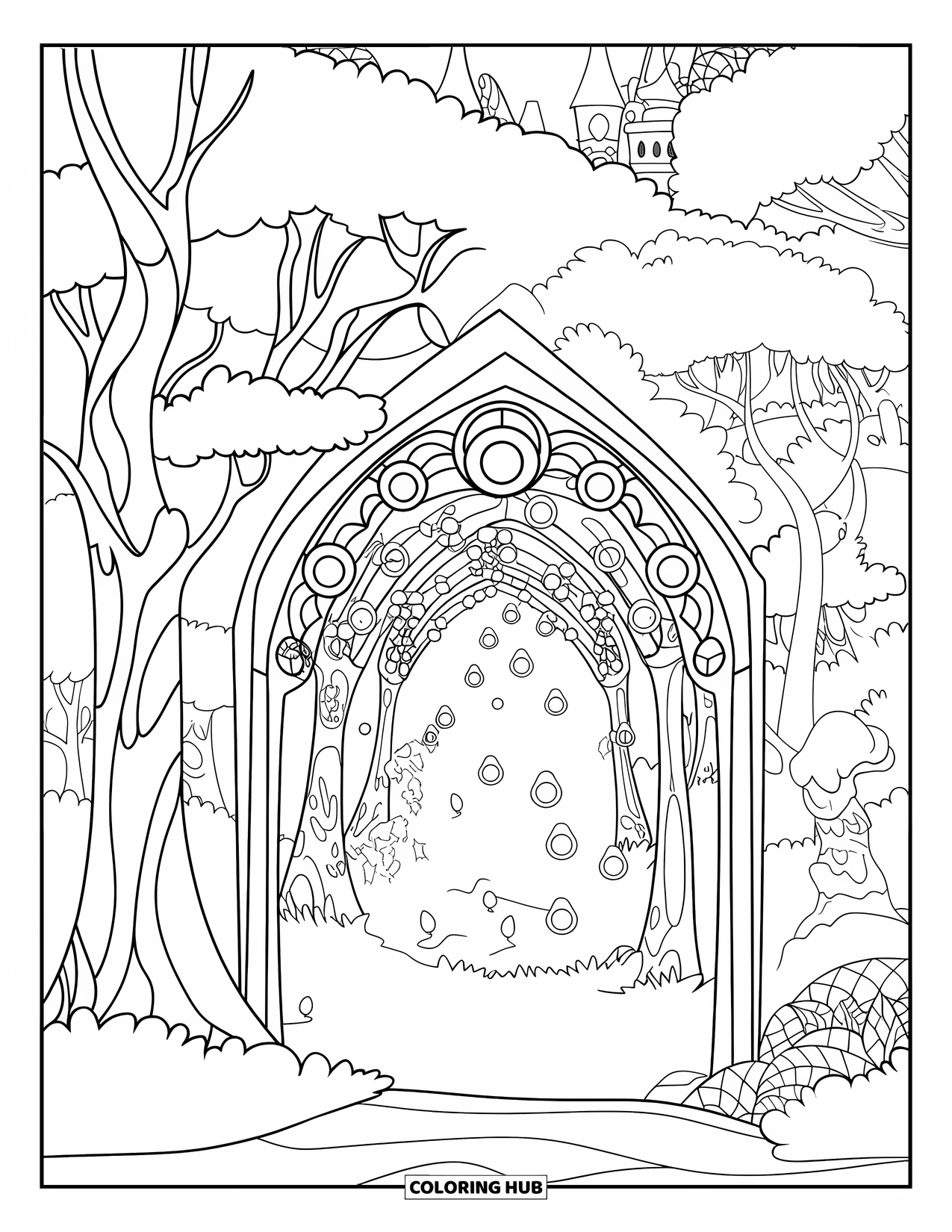 Magical Forest Coloring Page for Adults: A forest tunnel of twisted trees and stained glass with castle views