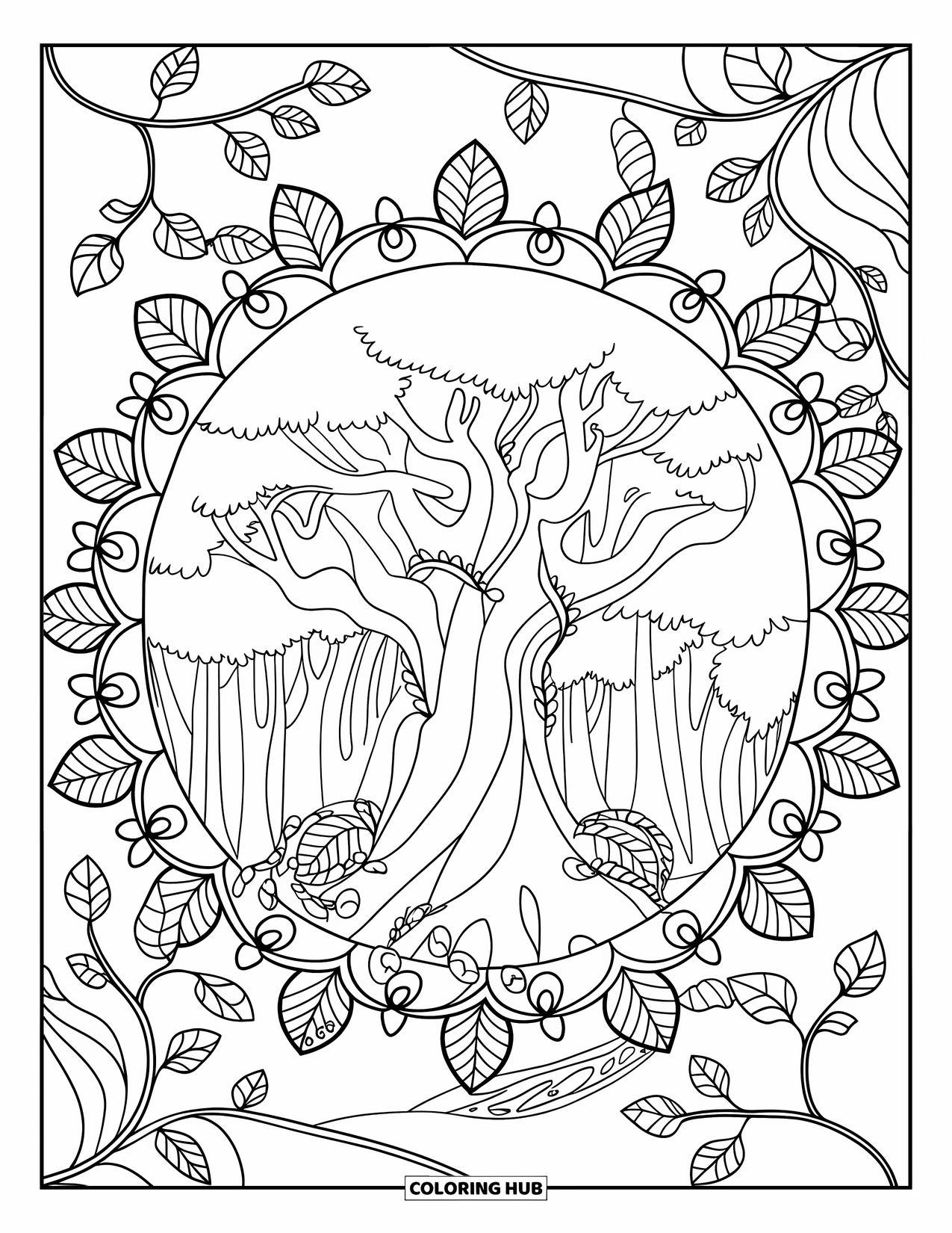 Magical Forest Coloring Page for Adults: A grand tree with vines stands in a mandala of leaves