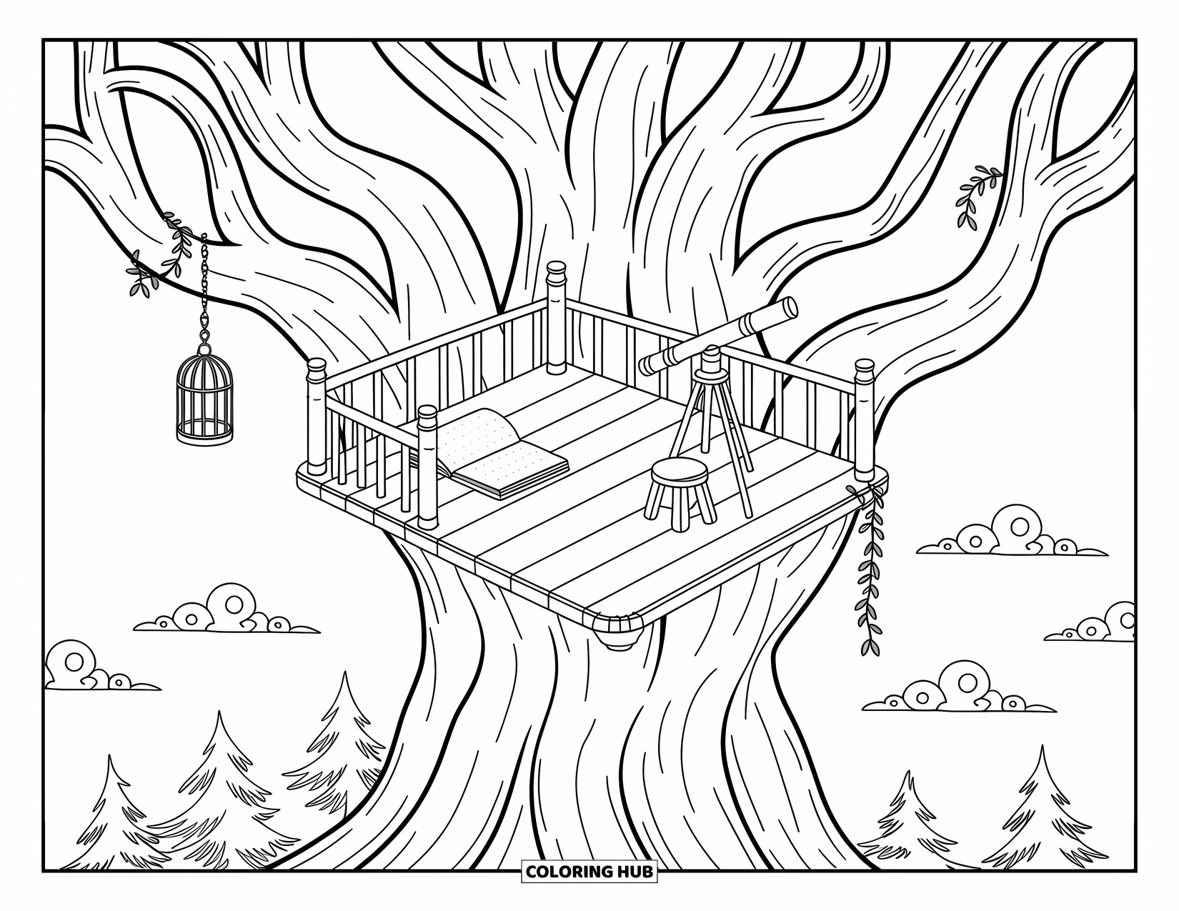Magical Forest Coloring Page for Adults: A lookout in a tree with scrolls, notebook, and playful vines