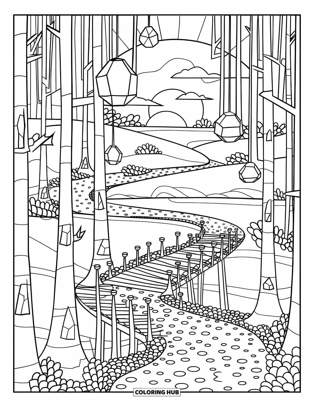 Magical Forest Coloring Page for Adults: A magical trail with lanterns and a bridge over calm forest water