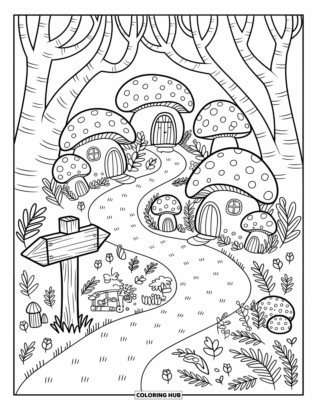 Magical Forest Coloring Page for Adults: A mushroom village under ferns with paths, bridges, and forest details