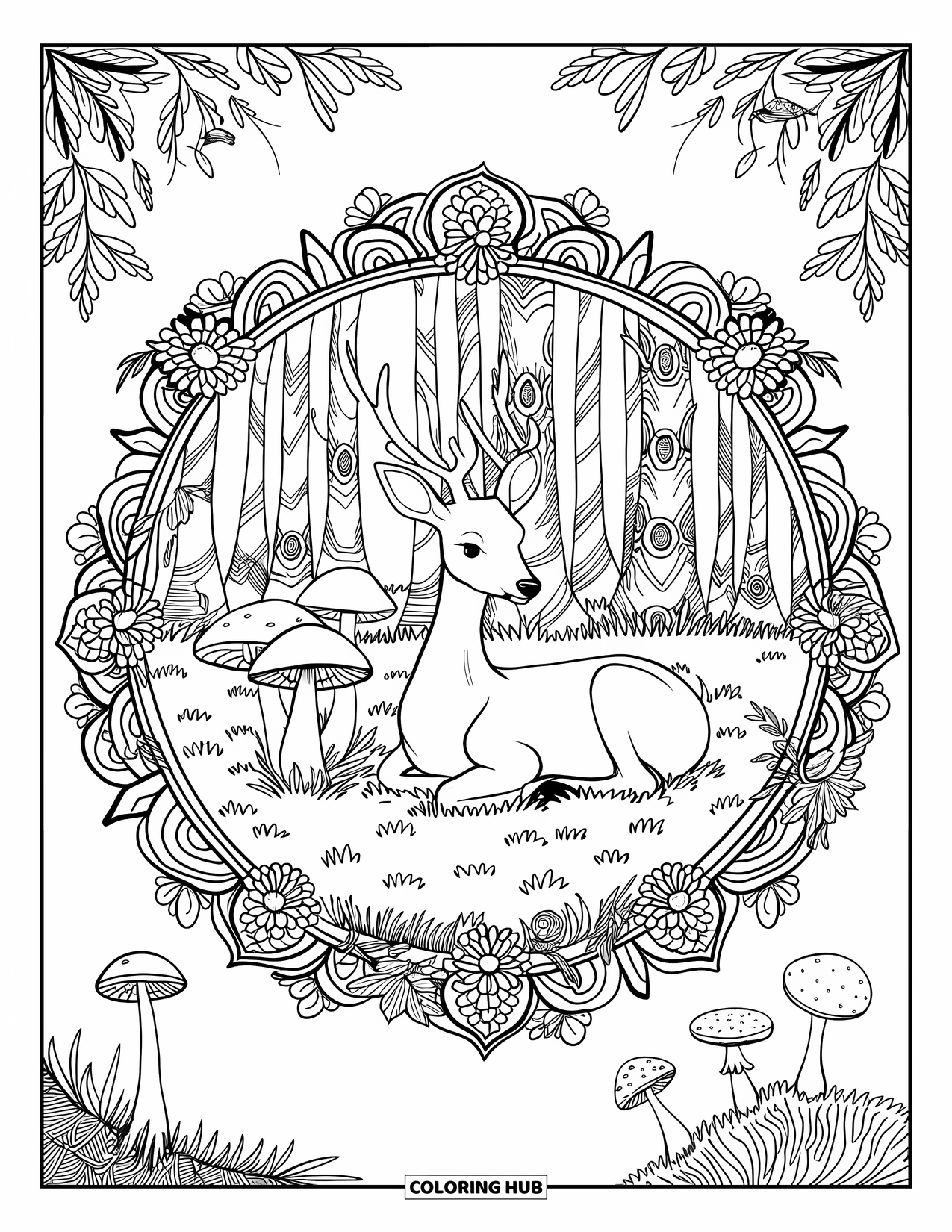 Magical Forest Coloring Page for Adults: A peaceful deer among mushrooms under patterned trees