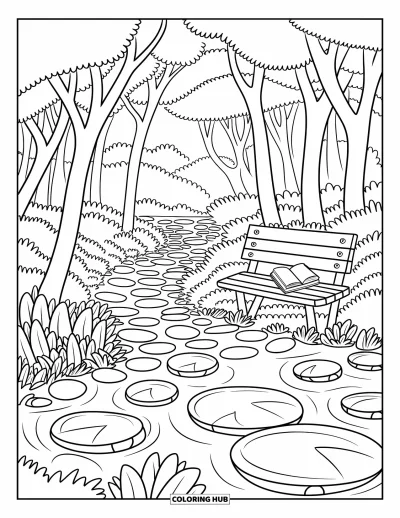 Magical Forest Coloring Page for Adults: A quiet spring surrounded by lily pads, crystals, and a wooden bench