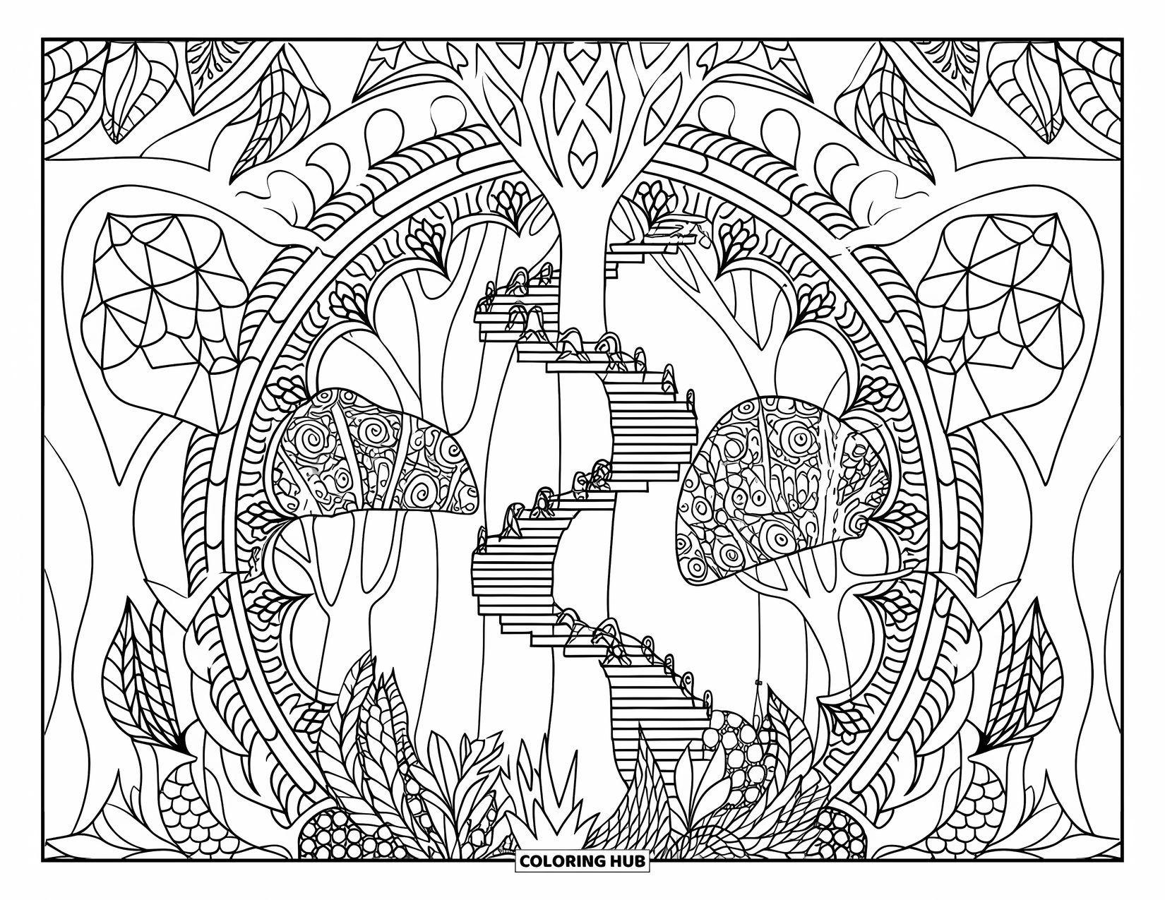 Magical Forest Coloring Page for Adults: A spiral staircase climbs a tree framed by a botanical mandala