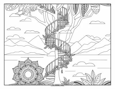 Magical Forest Coloring Page for Adults: A tall tree with stairs winds up through a peaceful patterned forest