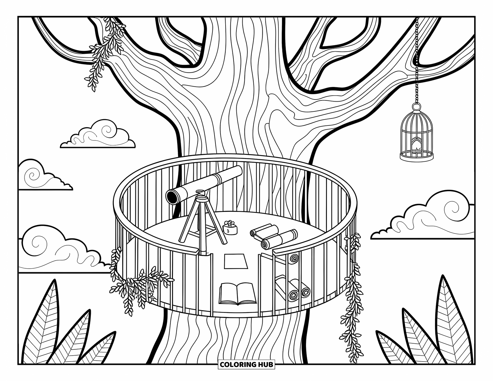 Magical Forest Coloring Page for Adults: A treetop platform with a telescope, scrolls, and lantern above the forest