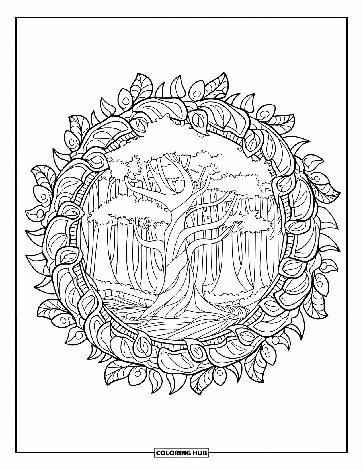 Magical Forest Coloring Page for Adults: A twisting tree trunk rises from a mandala of leaves and vines