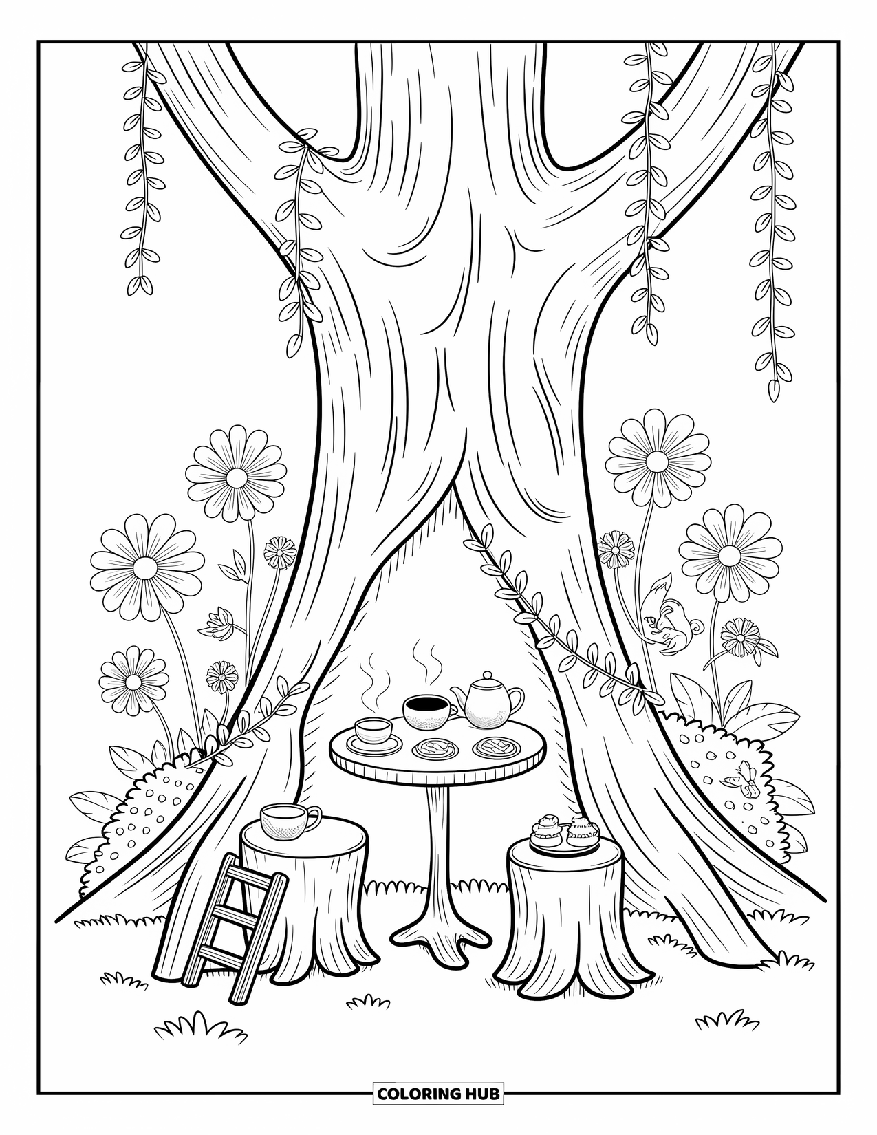 Magical Forest Coloring Page for Adults: A woodland cafÈ inside a tree with teapots, pastries, and leafy garlands
