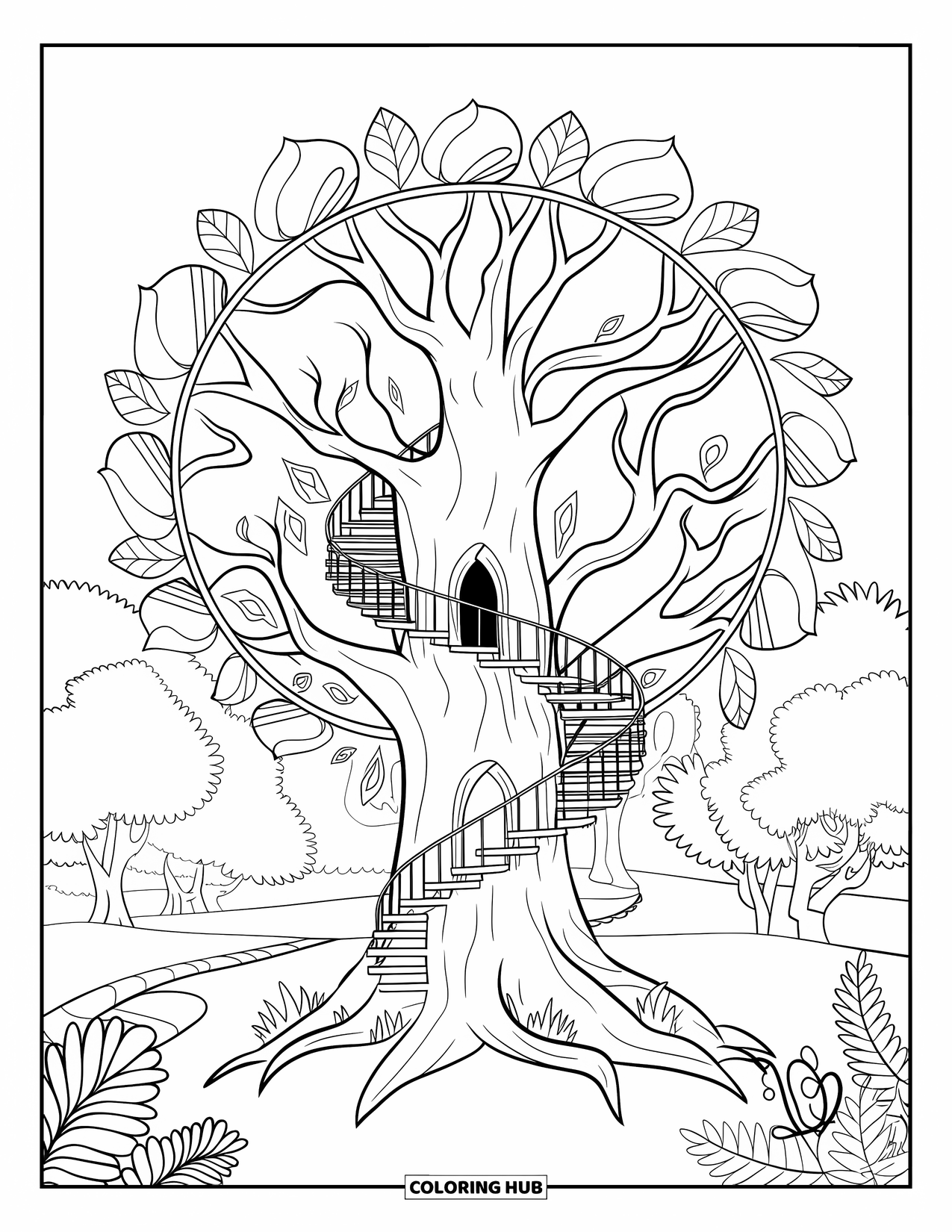 Magical Forest Coloring Page for Adults: An enchanted tree with stairs and a vine-wrapped mandala path