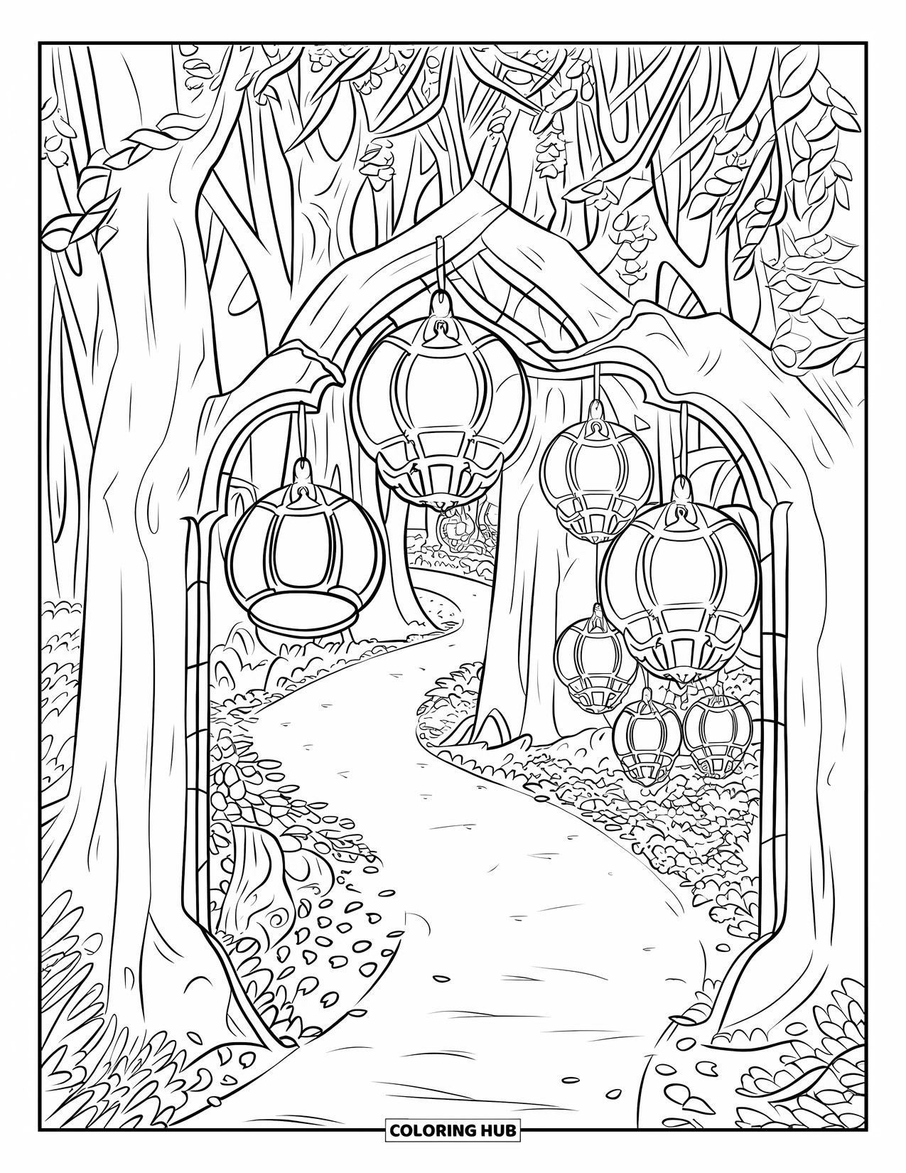 Magical Forest Coloring Page for Adults: Lanterns hang from trees along a winding, leafy forest trail