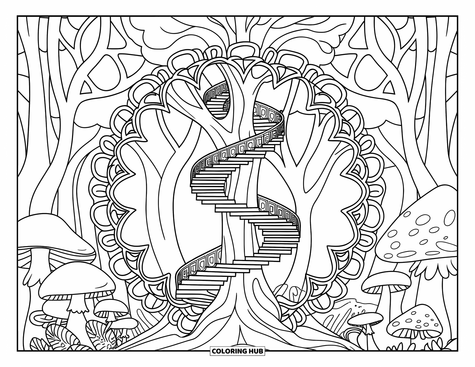 Magical Forest Coloring Page for Adults: Mushroom-covered forest floor beneath a spiraling staircase tree